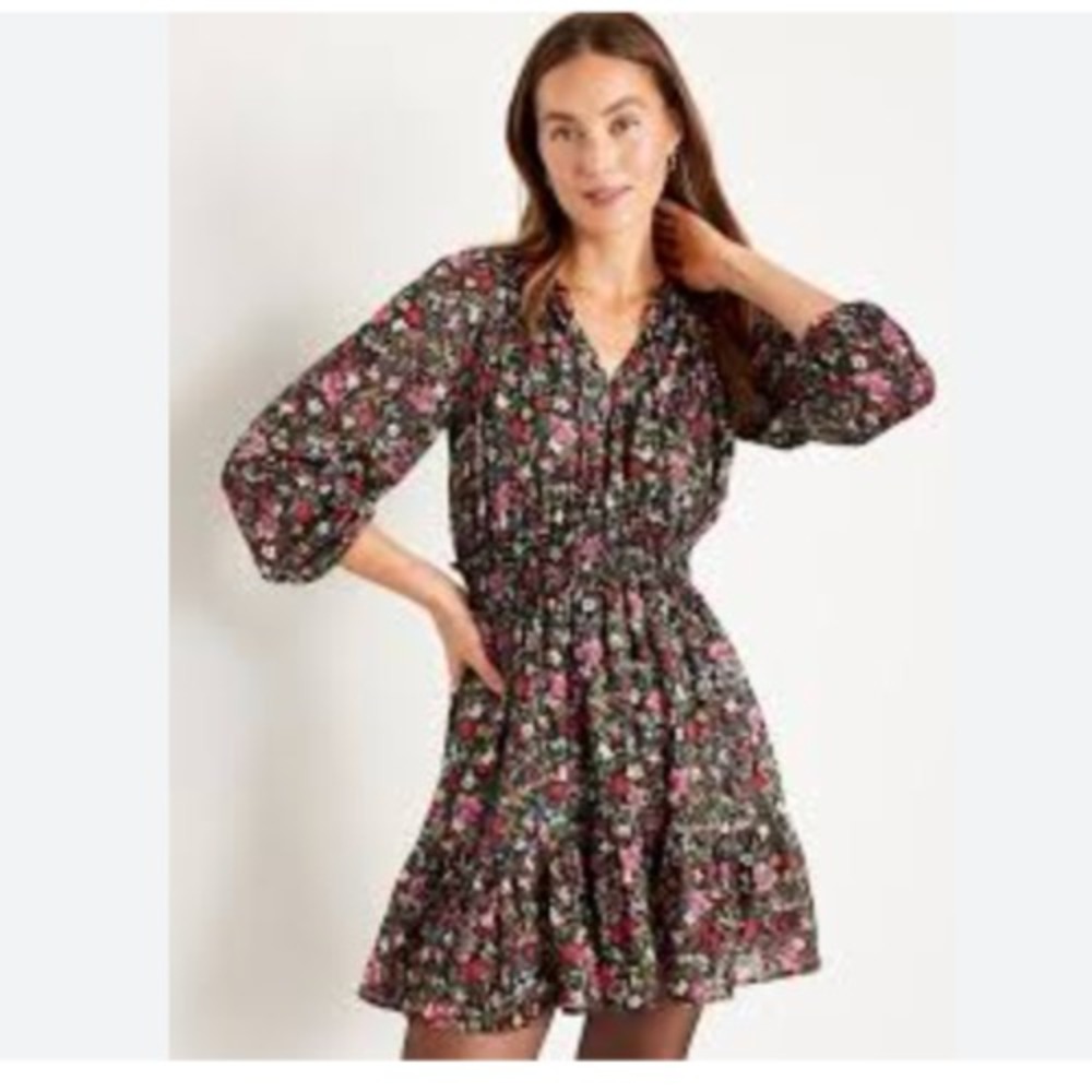 Floral Metallic Shine Mini Dress Smocked Waist Keyhole Cottagecore XL Balloon